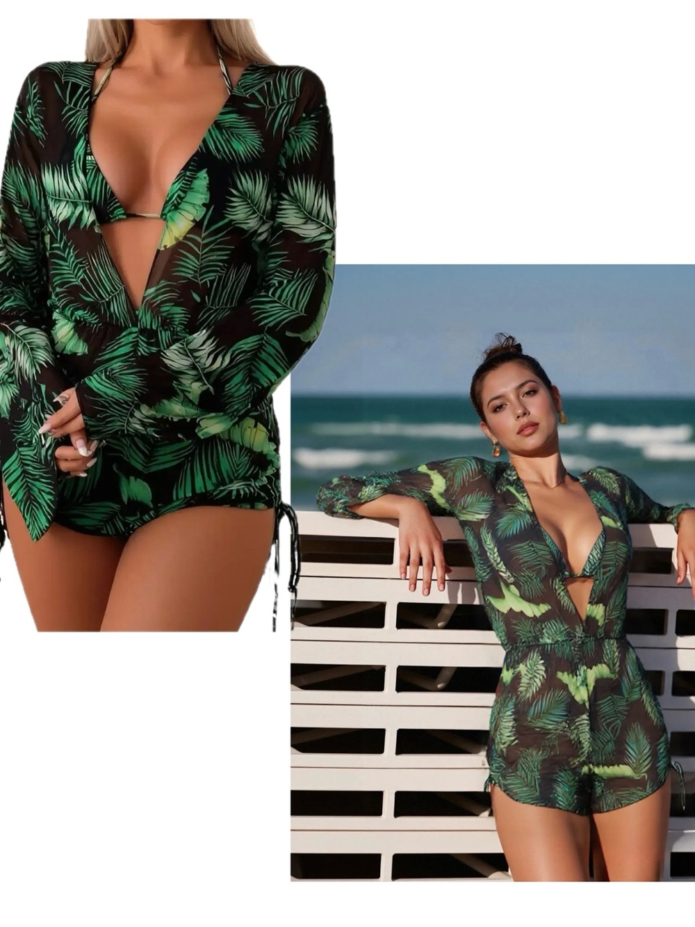 Tropical Palm Leaf Sheer deep plunge Romper Cover-Up Long Sleeve Black Green M - Picture 4 of 16